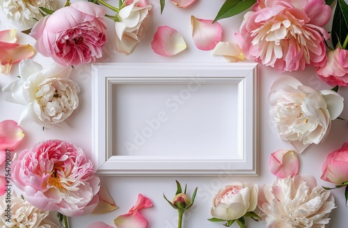 White Frame Surrounded by Pink and White Flowers