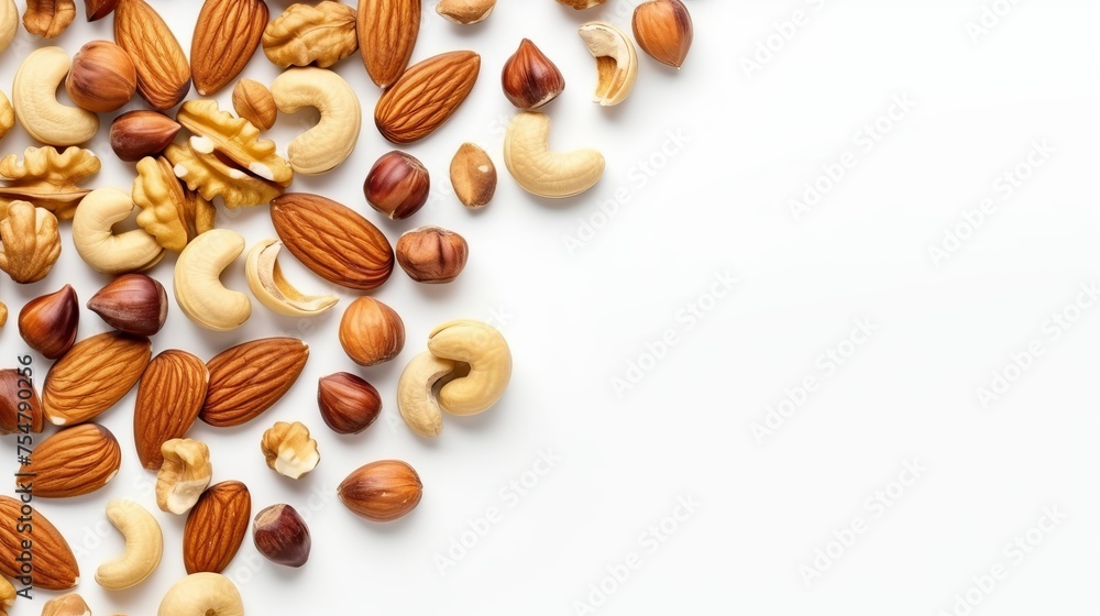 A variety of mixed nuts is presented against a white background, captured from a top view, with space for copying. A variety of mixed nuts is presented against a white background, captured from a top view, with space for copying.