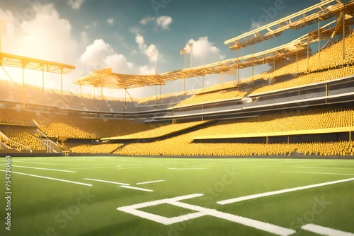 A 3D rendering of a football arena with yellow goal posts, grass fields, and blurred fans at the playground. The image represents outdoot sports, football, championships, matches, games, and game