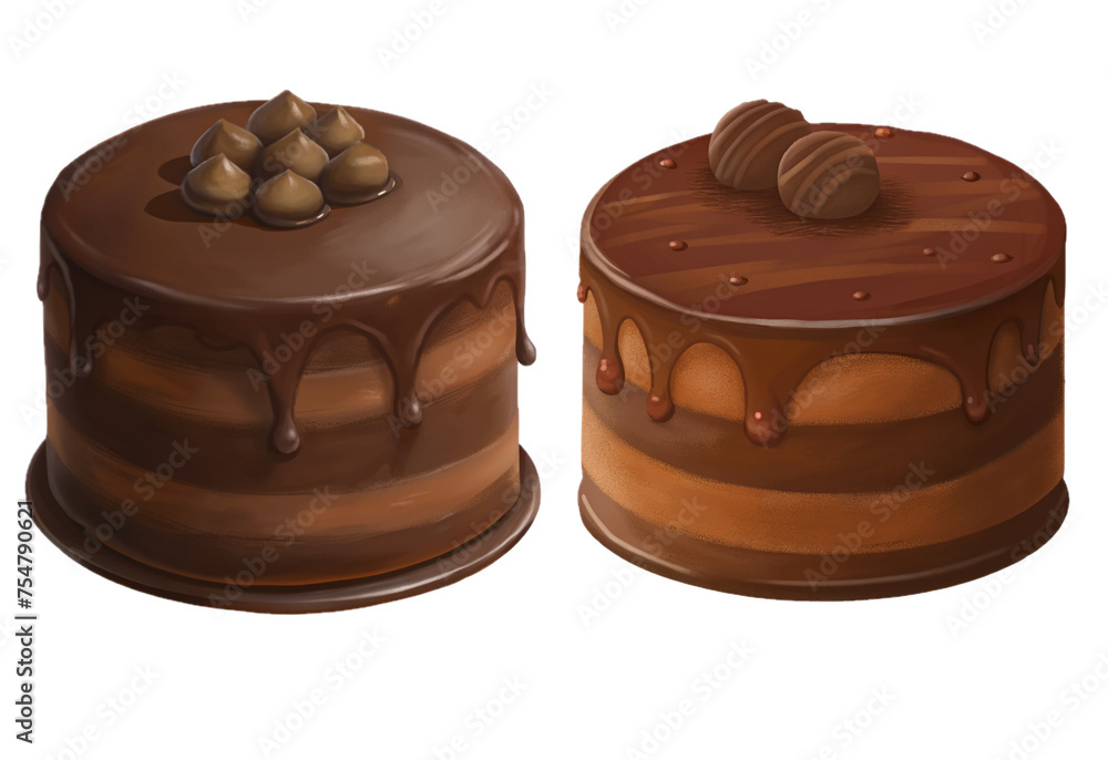 set of chocolate cake isolated on white background, sweet food watercolor set of chocolate cake isolated on white background, sweet food watercolor