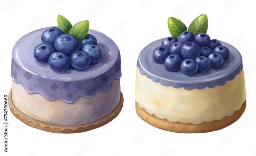 set of cake with blueberries on top, sweet foods on white background set of cake with blueberries on top, sweet foods on white background
