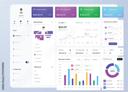 UI UX Infographic dashboard. UI design with graphs, charts and diagrams. Web interface template