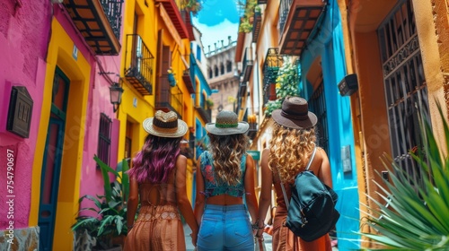 Three Women Walking Down a Narrow Alleyway