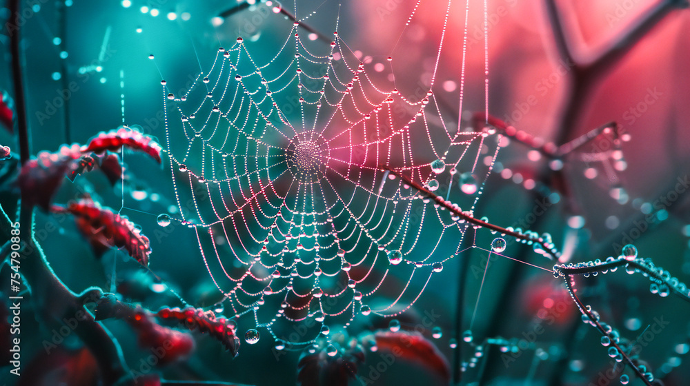 Close-Up of Spider Web with Morning Dew, Natures Precision and Beauty, Abstract Background