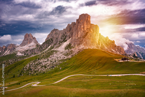 Sunset in Dolomite mountains, Italy, in summer. Giau pass panoramic view