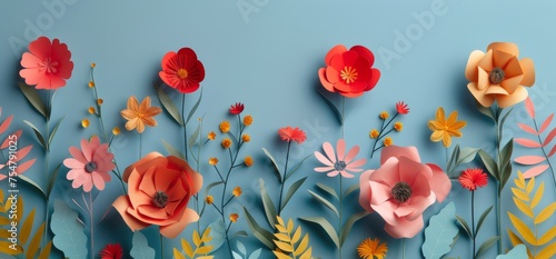 Blue Background With Paper Flowers and Leaves