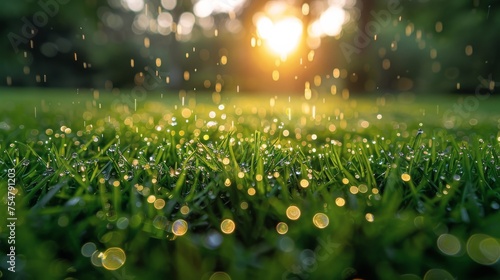 Sun Shining Through Rain Drops on Grass
