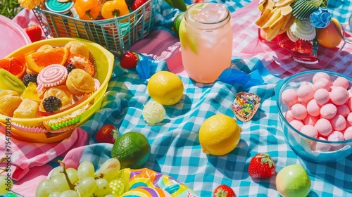 A cheerful picnic blanket laid out with bowls of sweets, fresh citrus fruits, and a refreshing jar of lemonade in the sunshine. © doraclub