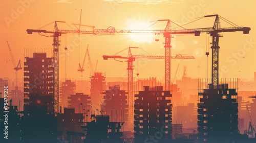 Construction site with cranes on sky background