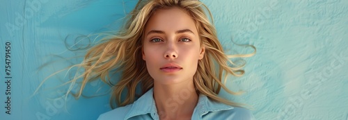 Woman With Blonde Hair Standing in Front of Blue Wall