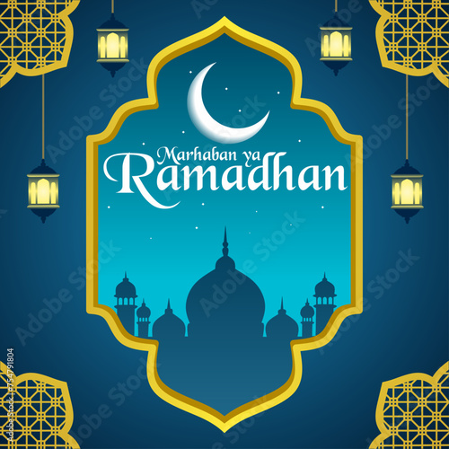 Marhaban ya Ramadhan greeting card design with Islamic background of mosque silhouette on dark night and decorative elements