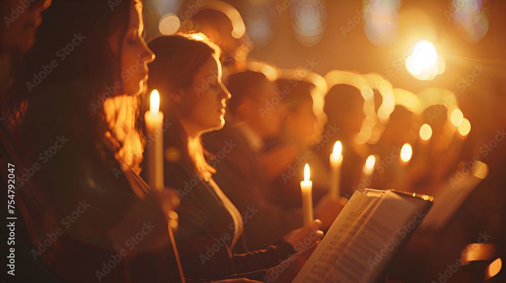 Concerts, group of singers rehearsing songs, rocks, hymns and gospel music background with candles  - obrazy, fototapety, plakaty 