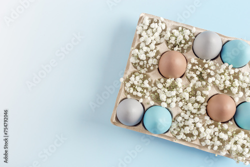 Easter Egg Assortment in Carton with White Baby's Breath on Light Blue Background. Pastel colored dyed eggs in package, spring holiday photo, tender soft hues, celebration food and white flowers photo