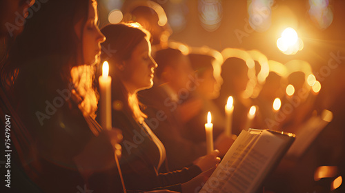 Concerts, group of singers rehearsing songs, rocks, hymns and gospel music background with candles  photo