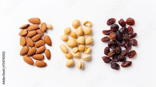 Almonds, hazelnuts, and raisins are arranged in a top-down view and isolated for focus. photo