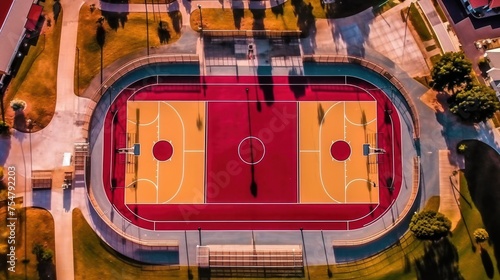 Aerial view of a red basketball field at Astronaut High School.