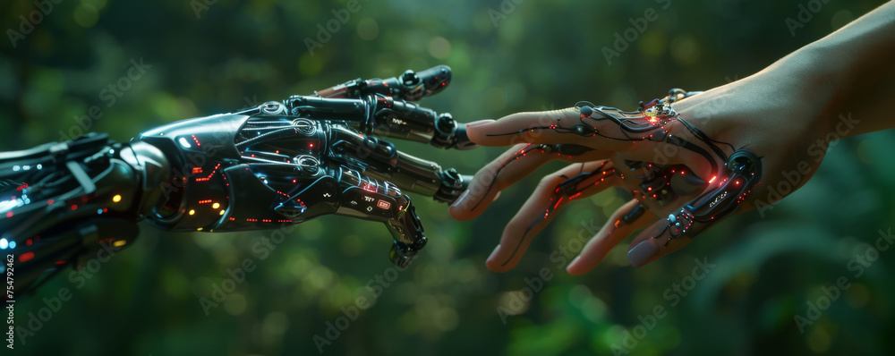 A human hand and a robotic hand reaching towards each other, depicting ...