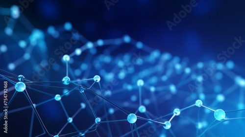 An abstract molecular structure is depicted with blue particles and a wireframe mesh in a vector illustration, representing a scientific nanotechnology background.