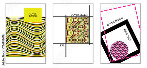 Geometric cover design, set of 3 covers. Abstract unusual background in Memphis style. Bright geometric shapes in random order