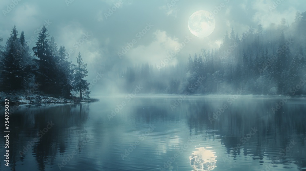 Fototapeta premium Foggy Lake With Trees and Full Moon