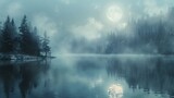 Foggy Lake With Trees and Full Moon