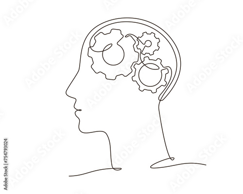 Continuous one line drawing human head with gears inside. Outline contour symbol technology progress vector illustration. Artificial intelligence single line drawing for infographic, poster