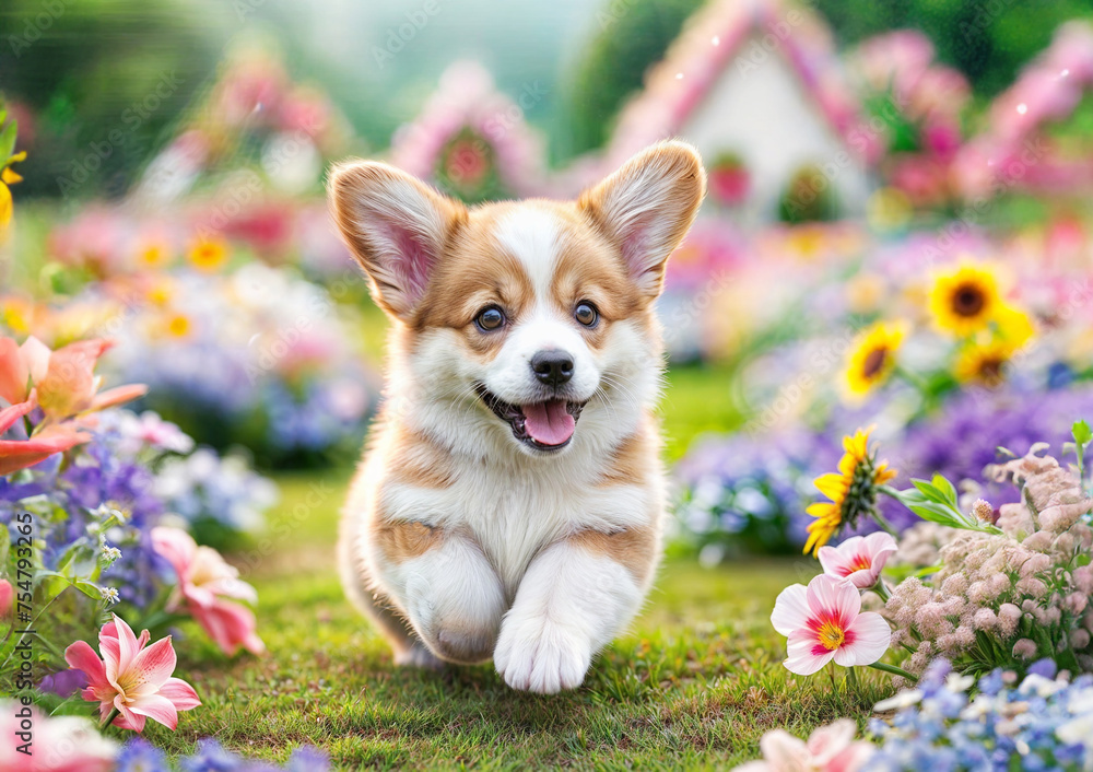 a happy dog running on flower garden a happy dog running on flower garden