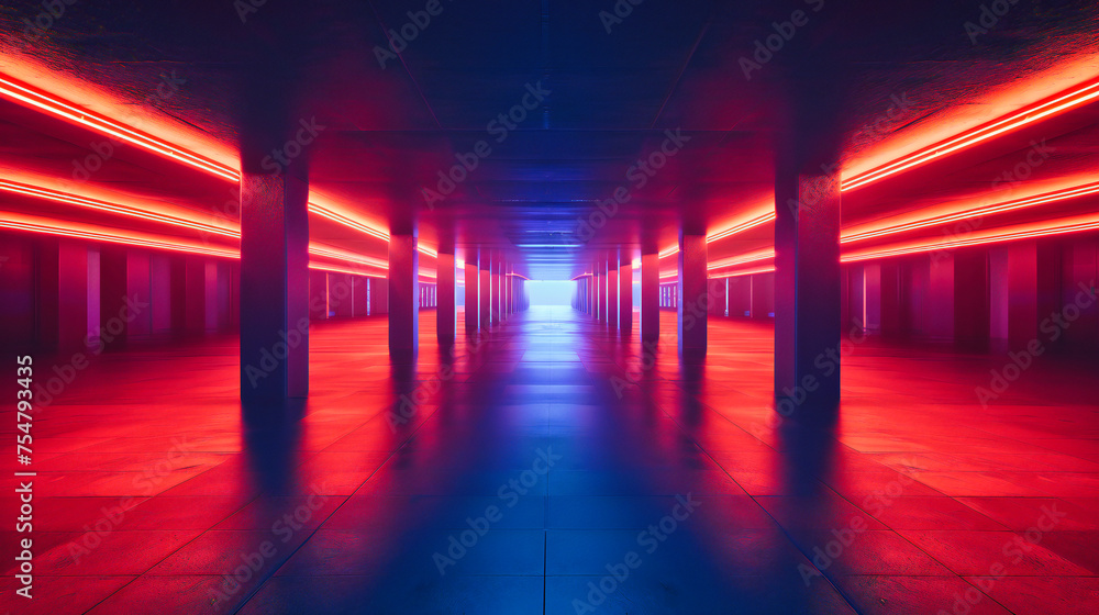 Futuristic Neon Light Interior, Dark Room with Abstract Design, Modern Space Concept