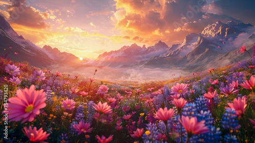 A 3D animation of a hidden valley during golden hour with mythical creatures frolicking in fields of rainbow flowers beneath floating mountains © weerasak