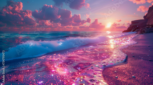 A bustling colorful beach with sand made of tiny shimmering gemstones where the ocean waves softly glow with phosphorescence