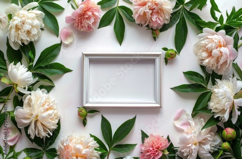 White Frame Surrounded by Pink and White Flowers