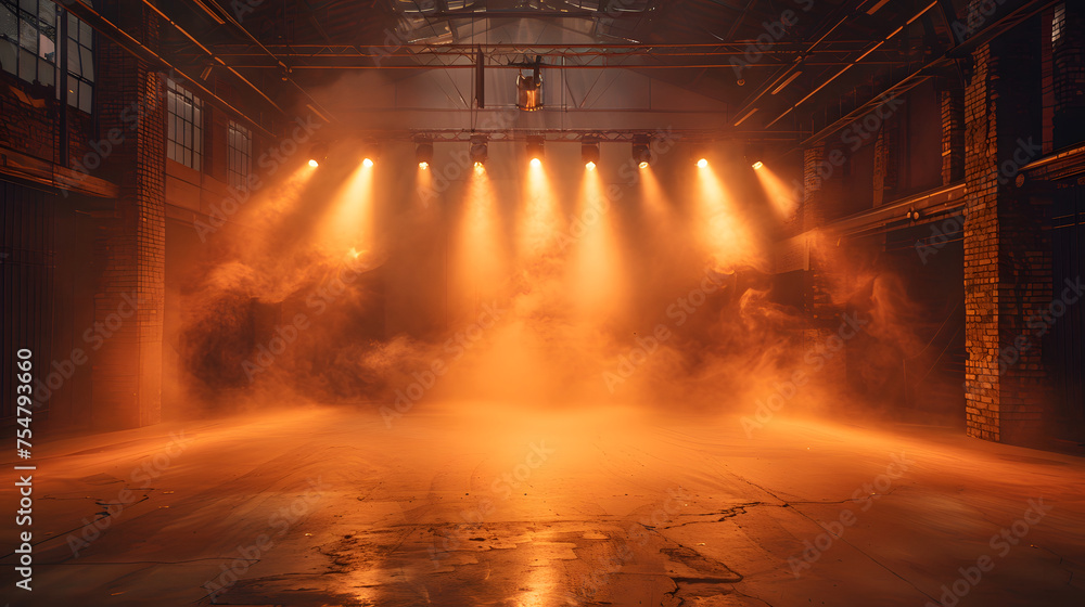 A smoky room with a wooden floor, surrounded by brick walls. Spotlights shine down from the ceiling, illuminating the smoke. A smoky room with a wooden floor, surrounded by brick walls. Spotlights shine down from the ceiling, illuminating the smoke.