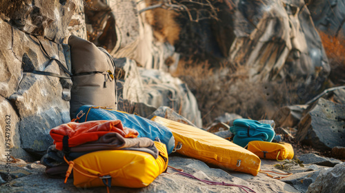 A discarded sleeping bag and jacket lay on a rocky surface, hinting at a campsite and outdoor adventure © road to millionaire