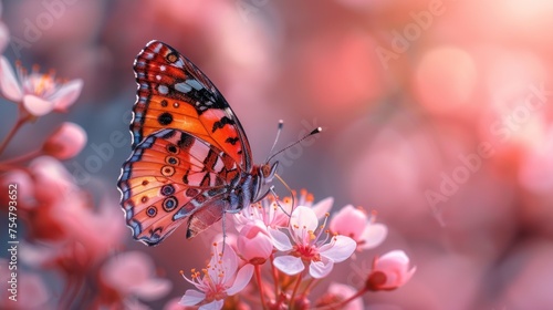 In spring, a blue yellow butterfly takes flight from a branch of flowering apricot trees against a light blue and violet background. Elegant artistic image of nature. Banner format, copy space