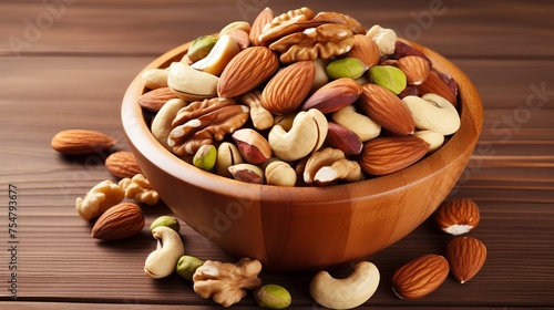 An assortment of mixed nuts is displayed in a bowl on a wooden table, captured from a top-down view.