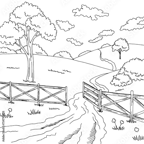 Fence rural road graphic black white landscape sketch illustration vector