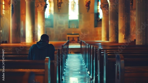 A man sitting in church is praying to god. Generate AI image