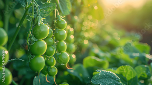 Pods of green peas grow on garden