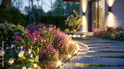 Garden in modern house with lights at night. Generate AI image