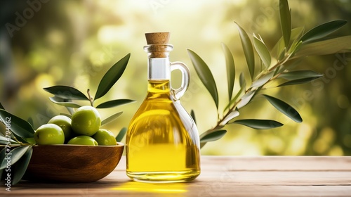 An olive branch and olive oil are displayed on a wooden table against a nature background.