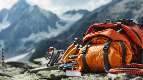 Orange and red backpacks with climbing equipment ready for an adventure in the mountainous landscape photo