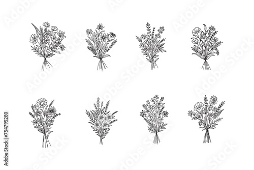 Set of flower bouquet vector. Hand drawn flower. Wildflower line art bouquets set, wild plant, botanical vector illustration	