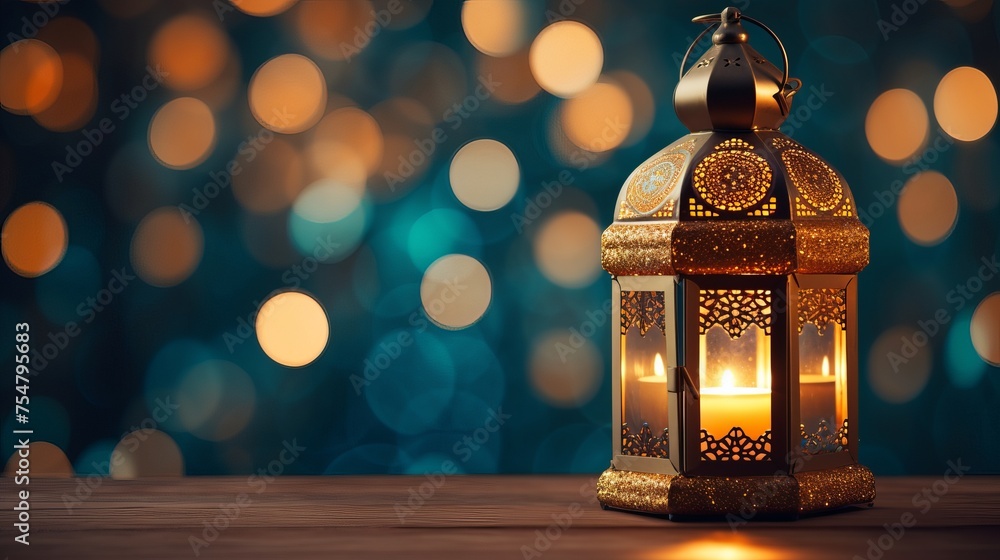 Ornamental Arabic lantern with burning candle glowing at night and glittering golden bokeh lights. Festive greeting card, invitation for Muslim holy month Ramadan Kareem. dates on table Ornamental Arabic lantern with burning candle glowing at night and glittering golden bokeh lights. Festive greeting card, invitation for Muslim holy month Ramadan Kareem. dates on table