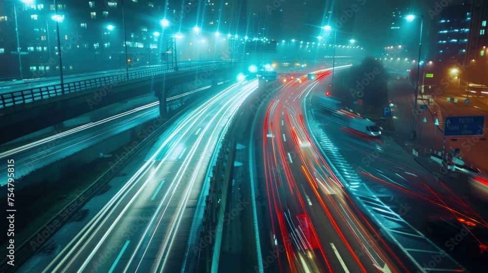The effect of car lights on the road at night emits a beautiful light. Generate AI image The effect of car lights on the road at night emits a beautiful light. Generate AI image