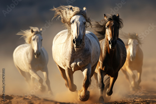 Horse with long mane portrait galloping in the desert © wendi