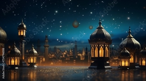 Background imagery for Ramadan and Eid al-Fitr showcases Turkish traditional lantern light lamps amidst confetti, presented in a 3D format to convey Ramadan Kareem Mubarak wishes.