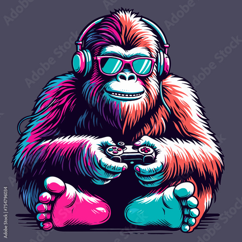 Bigfoot as Gamer, Holding game controller, Funny and Cool, Minimal T-Shirt design for Game and Animal Lover, Svg Eps Vector illustration