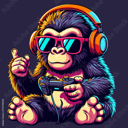 Gorilla as Gamer, Holding game controller, Funny and Cool, Minimal T-Shirt design for Game and Animal Lover, Svg Eps Vector illustration