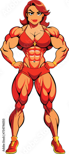 Striking illustration of a cartoon woman with impressive muscles in a powerful pose