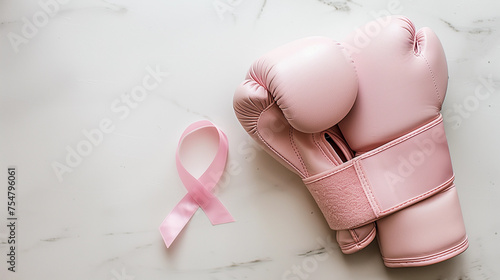 Flatlay Pink female cancer ribbon with fighting boxing gloves for chemo support awareness month charity fundraiser events for oncology screening womens health plain simple banner background no people  photo